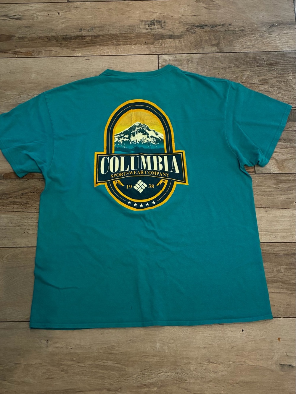 Columbia Teal Short Sleeve Tee with Yellow & Navy Mountain Logo